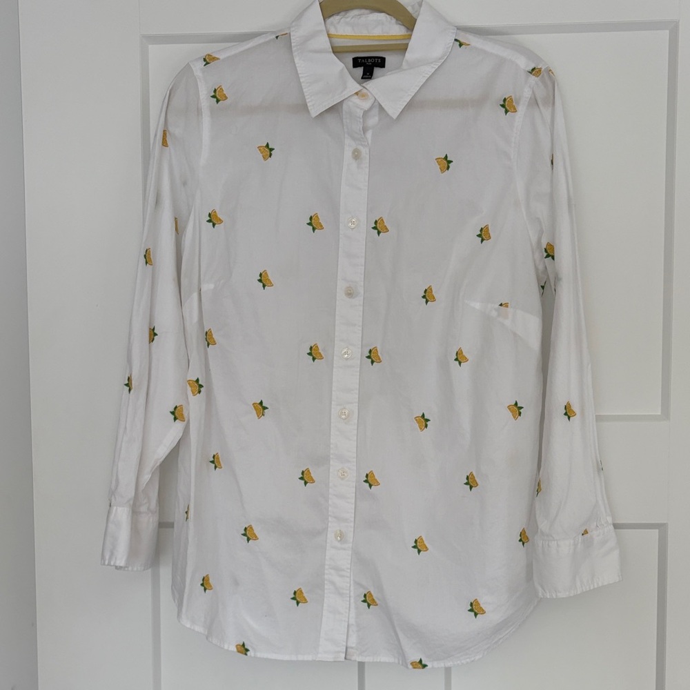 White Button-Down Shirt with Yellow Lemon Embroidery